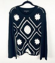 BOSTON PROPER Black White Crochet Knit Ribbed Long Sleeves Sweater, Size Small