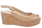 Jimmy Choo Praise Patent Leather Slingback Cork Wedge Platform Sandals