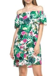 Iris Green White Tropical Palm Print Floral Off-Shoulder Mini Dress size Small