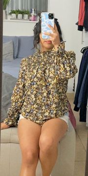 ZARA Floral Mock Neck Long Sleeve Blouse