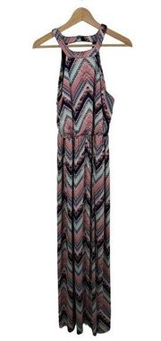 Three Pink Hearts Geo Halter Stretch Maxi Dress Size L