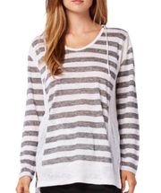 💕MICHAEL STARS💕 Linen-Knit Stripe-Hooded Pullover Grey White Striped Pattern