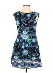 New York & Company Blue Floral Penny Lane Circle Skirt Scoop Neck Skater Dress