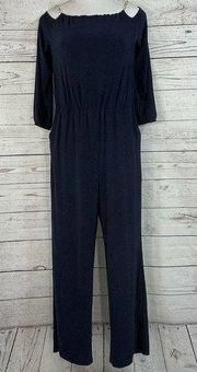 NY Collection Petite Large PL Jumpsuit Chain Accent 3/4 Sleeve Stretch Pockets