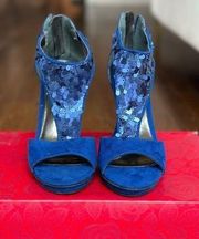 CARLOS Santana Blue Sequin Heels Sandals size‎ 7. New with the Box