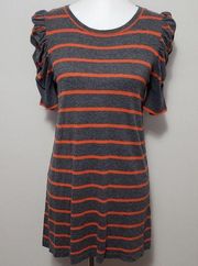 August Silk orange gray striped puff sleeve tunic size medium