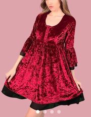 Red Crushed Velvet Sheer Black Underlay Bell Sleeve Dress $88 EUC L