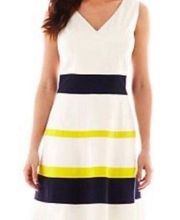 Eileen Fisher A-Line Fit & Flare V-Neck Sleeveless Dress Sz M White Colorblock