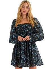 Lulus Black Blue Floral Print  Ballon Long Sleeve Babydoll Mini Dress Size XL