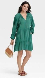 Knox Rose Size Xxl Green Long Sleeve Button-Front Boho Crinkle Dress Pockets