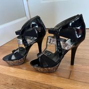 Suede, Snakeskin, and Black Patent Leather Heeled Sandals Size 8.5