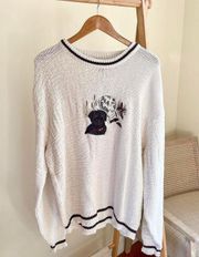 Vintage Black Lab Dog Duck Pond Embroidered Chunky Textured Crewneck Sweater in Cream