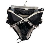 Cocoship black and white bikini with pompom detail women’s size 8