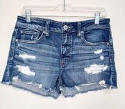 American Eagle Next Level Stretch Distressed Hi Rise Shortie Jean Shorts!