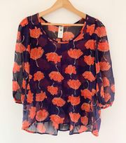 Sheer Floral Orange & Blue Blouse