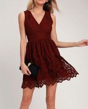 NEW Black Swan Lulus Brandi Wine Red Lace Surplice Skater Dress