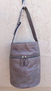 taupe leather zipper shoulder bucket bag purse handbag