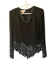 Laurence Kazar Black Silk Beaded Blouse Shirt Top Evening Size Small Luxury