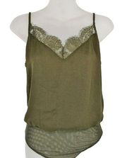 Socialite Satin Lace Trim Camisole Bodysuit Olive Green Size XS NWT