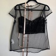 NWT House of CB Kya Bustier Crop Top with Sheer Mesh Short Sleeve in Black