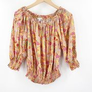 CUPCAKES & CASHMERE Blouse Size Medium Floral Cottagecore Smocked Garden Top