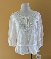 Jones New York signature petite white cotton voile blouse , embroidered size PM