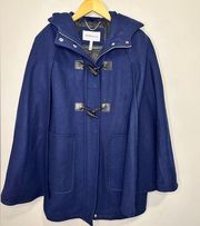 BCBG Wool Blend Toggle Cape Coat Hooded Navy Sz Medium