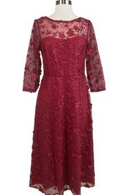 Adrianna Papell Women's Cocktail Dress Size 6 Red Sequined Lace Fit and Flare