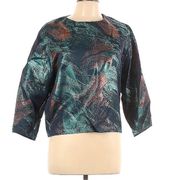 Gab Copper Bronze Teal Metallic Jacquard ¾ Sleeve Top Blouse Top sz 3 M/L