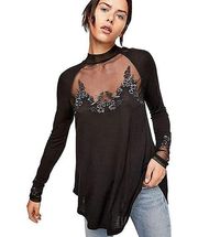 Free People  Saheli Embroidered Mesh Long Sleeve Crewneck Black Top New