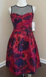 NEW Maggy London Red Rose & Black Sheer Shoulders Fit & Flare ModCloth Dress 4