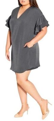 City Chic Mini Dress Ruffled Short Sleeve A-Line V Neck Gray Plus Womens 18W