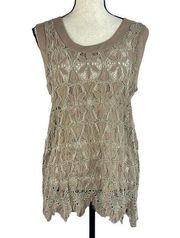 Suzanne Betro Large Top Floral Sleeveless Sheer Scalloped Hem Stretch Crochet