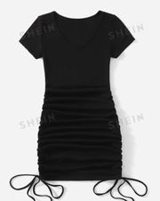 V Neck Drawstring Ruched Dress