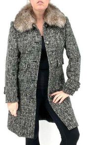 Express Charcoal Tweed Wool Blend Real Fox Fur Trim Long Coat Size Large