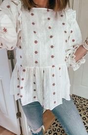 Universal Thread women peplum top blouse cream embroidered 3/4 puff sleeve