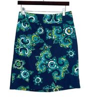 Merona Navy Blue Green Floral Boho Side Zip Lined Straight Pencil Skirt Size 6