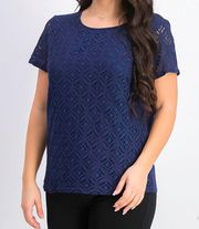 MARKET SPRUCE STITCH FIX Plus Size Hans Crochet Front Top Navy Blue Short Sleeve