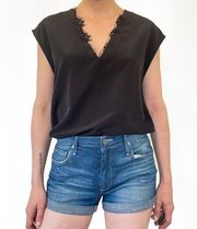 Vero Moda Lace V-Neck T-shirt Blouse Top Black Size S Short Cap Sleeves Cropped