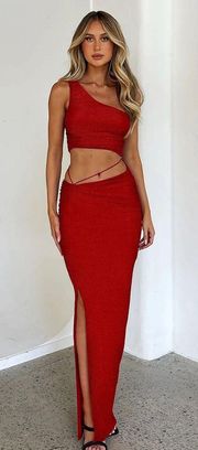 Berry Red Shimmer Sparkle Pearlie Top Skirt Set