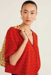 NWT MNG MANGO RED POLKA DOT BUTTON FRONT V NECK RELAX FIT BLOUSE SZ-4