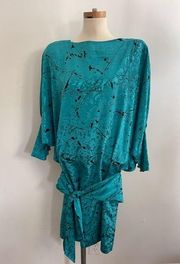 Vintage 80s Liz Claiborne Dolman Drop-Waist Turquoise Black Splatter Dress Sz 10