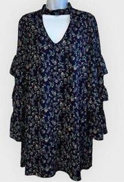 Le LisNavy Floral Long Tiered Ruffle Sleeve Mini Shift Dress Large NWOT Large