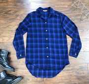 SUNDRY • Oversized Flannel Shirt blue plaid tartan 100% cotton navy cobalt