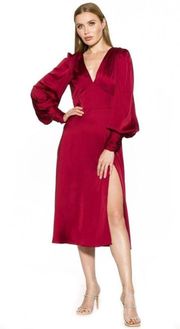 NWT Alexia Admor Daria Burgundy Satin Bishop Long Sleeve Midi Dress Size 6