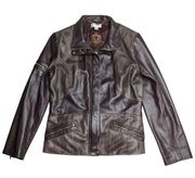 St. John Sport Chocolate Brown 100% Leather Mesh Panel Cafe Racer Moto Jacket L