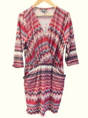 Robert Louis Women’s Dress Sz Medium Red Multi Zig Zag Print Pockets Mini