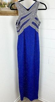 Laurence Kazar Vintage Silk Beaded Evening Gown Size Small Blue