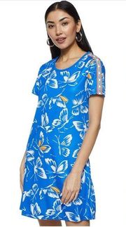 Adidas x Farm Rio Size Large Butterfly Print Mini Shirt Dress Blue Short Sleeve