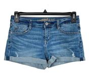 Arizona Juniors SZ 9 Jean Shorts Cuffed Mid-Rise Distressed Whiskered Zip-Fly